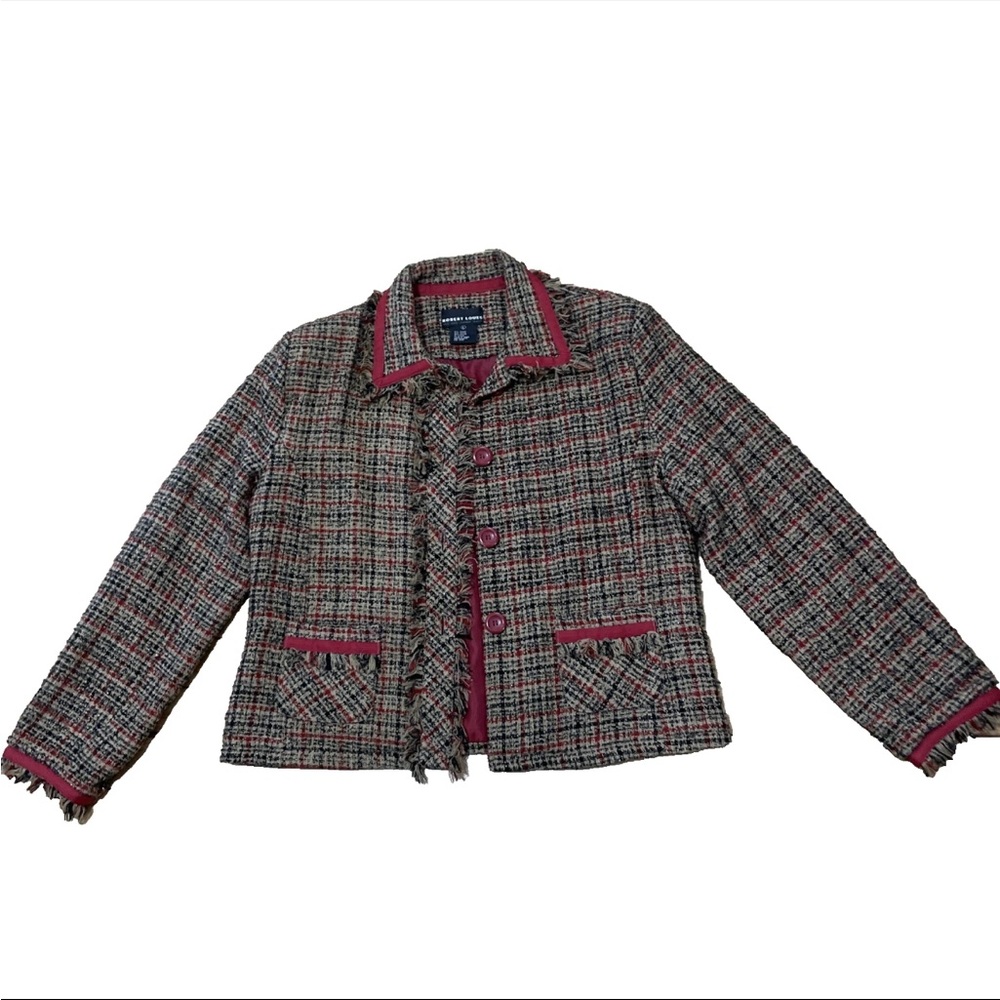 Robert Louis Tweed Blazer Plaid Tan Black Red Sparkle Y2k Clueless Prep Womens L